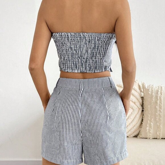 Blue And White Elegant Women's Striped Camisole Cardigan And Shorts Set - Picture 3 of 6